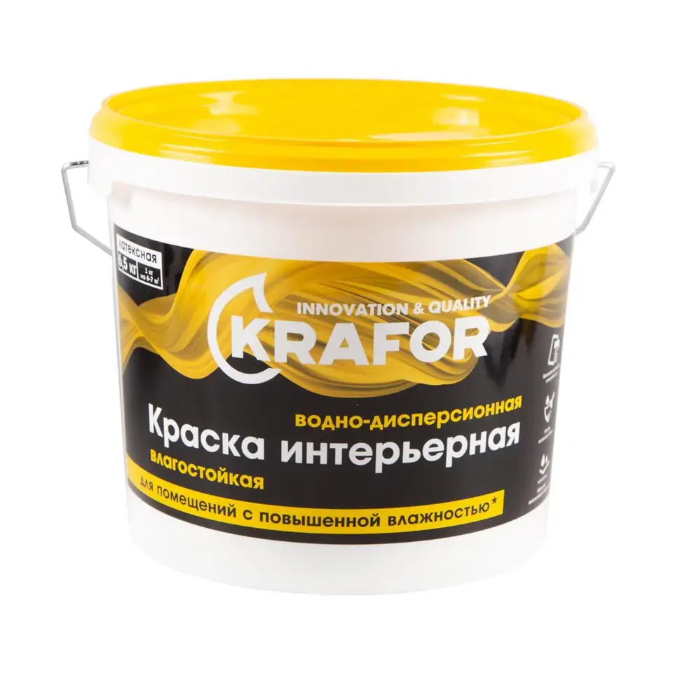 Краска водно-дисперсионная интерьерная влагостойкая Krafor, латексная, 6,5 кг, белая — фото 1 Краска водно-дисперсионная интерьерная влагостойкая Krafor, латексная, 6,5 кг, белая — фото 1