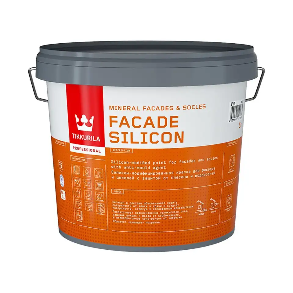 Краска для фасадов и цоколей Tikkurila Facade Silicon (Фасад Силикон), 5 л, бесцветная, база С — фото 1 Краска для фасадов и цоколей Tikkurila Facade Silicon (Фасад Силикон), 5 л, бесцветная, база С — фото 1