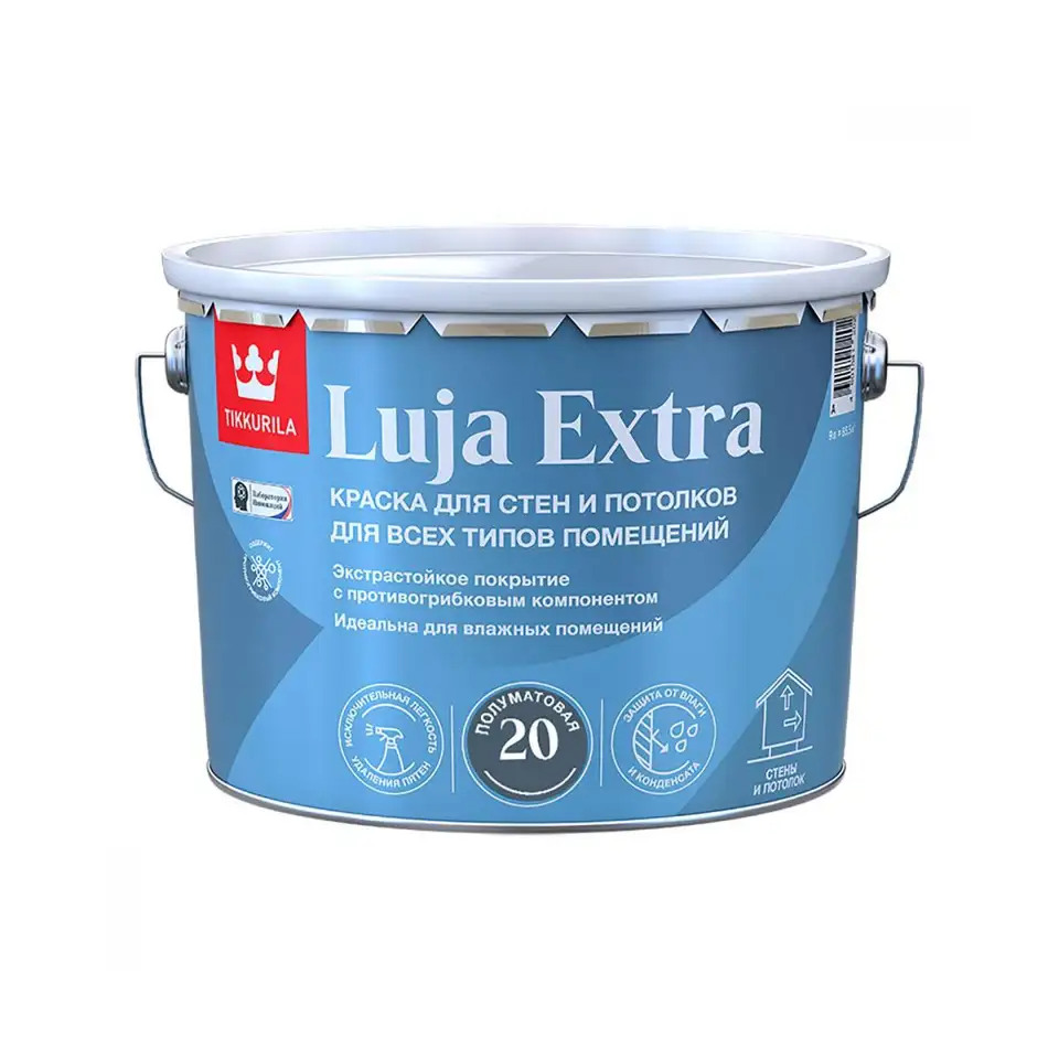 Краска для стен и потолков Tikkurila Luja Extra (Луя Экстра), полуматовая, база С, бесцветная, 9 л — фото 1 Краска для стен и потолков Tikkurila Luja Extra (Луя Экстра), полуматовая, база С, бесцветная, 9 л — фото 1