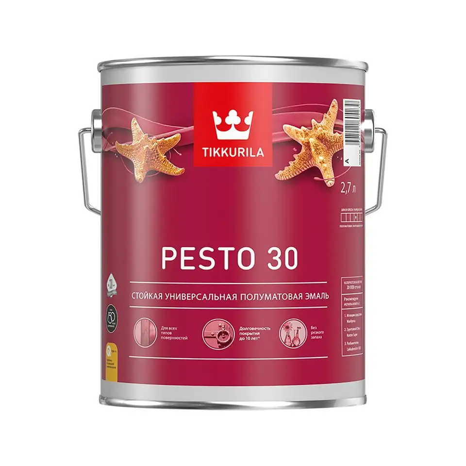 Эмаль алкидная стойкая полуматовая Tikkurila Pesto 30 (Песто 30), 2,7 л, база А, белая — фото 1 Эмаль алкидная стойкая полуматовая Tikkurila Pesto 30 (Песто 30), 2,7 л, база А, белая — фото 1