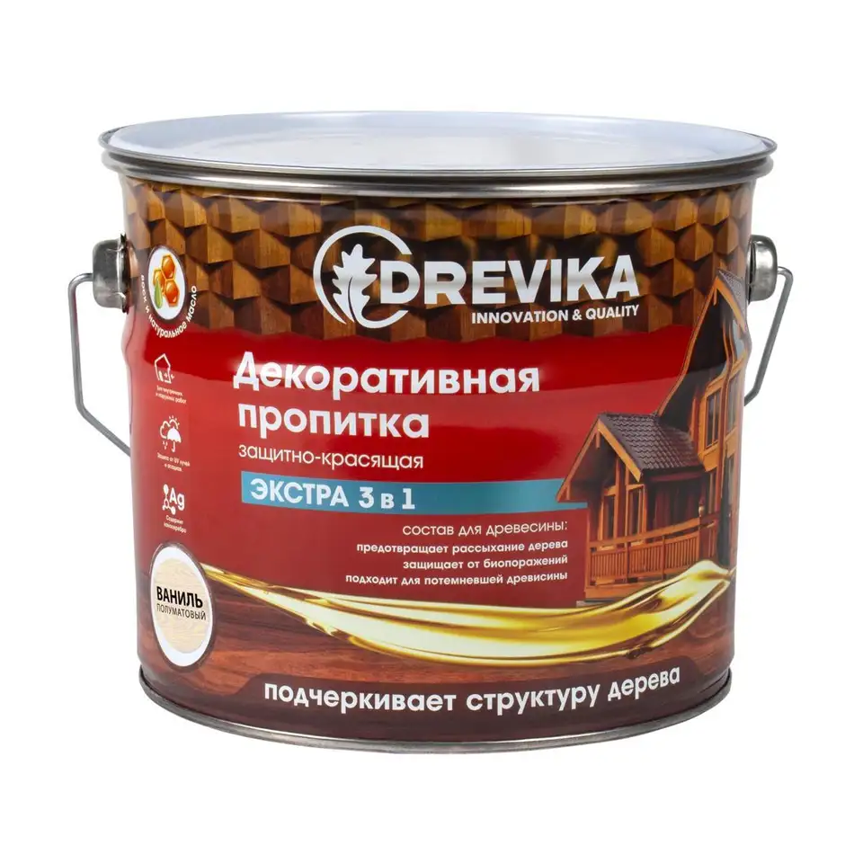 Декоративная пропитка для дерева Drevika Экстра 3 в 1, полуматовая, 3 л, ваниль — фото 1