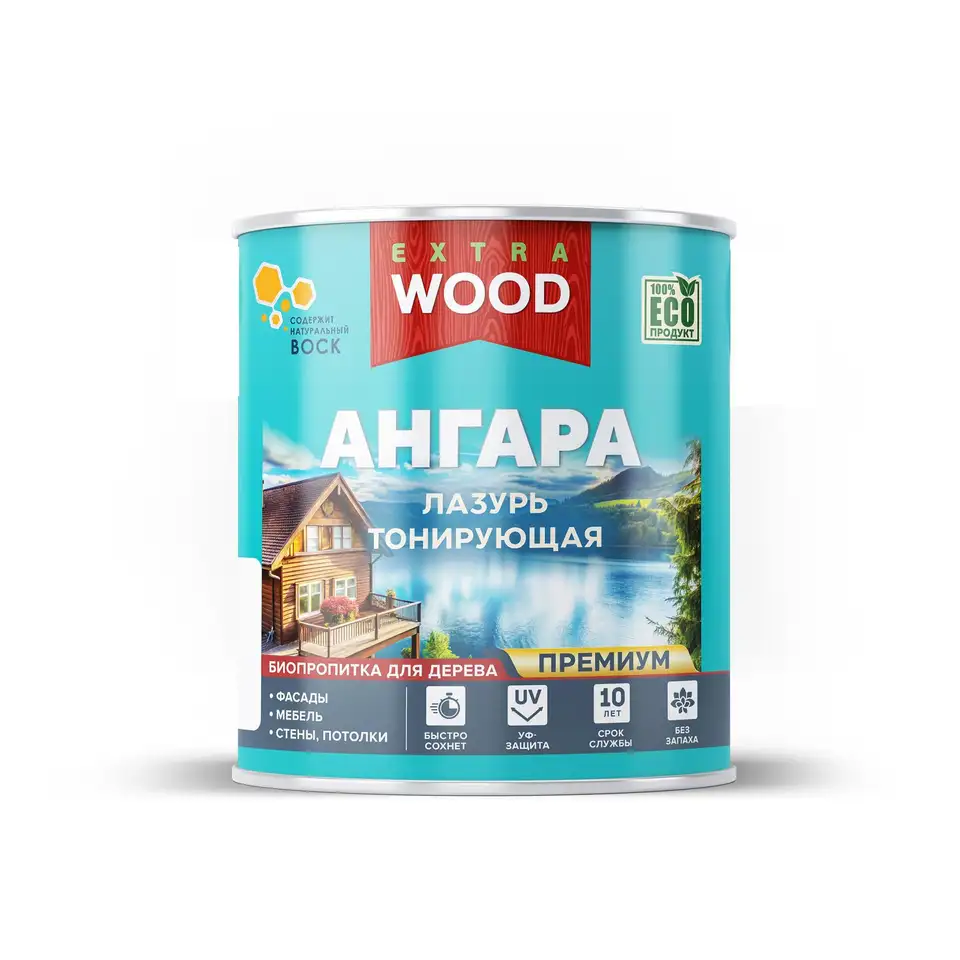 Тонирующая лазурь для дерева Wood Extra Ангара, 0,9 л, калужница — фото 1 Тонирующая лазурь для дерева Wood Extra Ангара, 0,9 л, калужница — фото 1