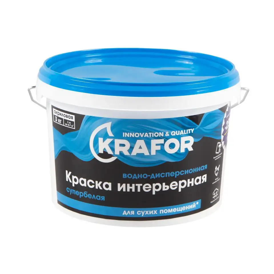 Краска водно-дисперсионная интерьерная Krafor, матовая, 3 кг, супербелая — фото 1