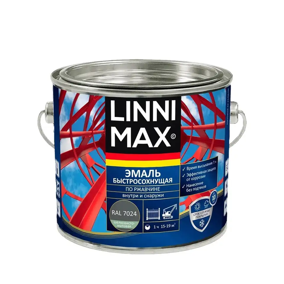 Грунт-эмаль по ржавчине Linnimax, быстросохнущая, 1,6 л, RAL 7024, серый графит — фото 1