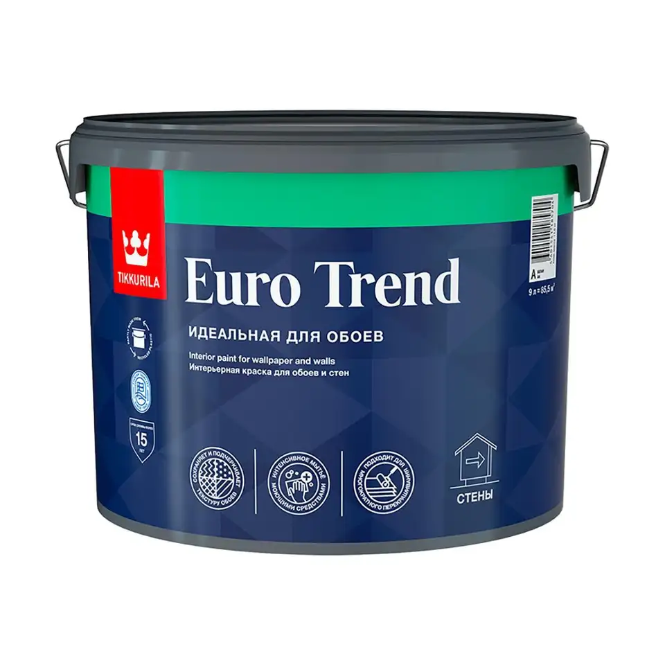 Краска интерьерная для обоев и стен Tikkurila Euro Trend (Евро Тренд), 9 л, белый, база А — фото 1 Краска интерьерная для обоев и стен Tikkurila Euro Trend (Евро Тренд), 9 л, белый, база А — фото 1