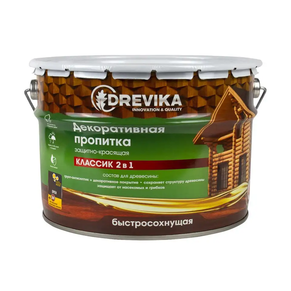 Декоративная пропитка для дерева Drevika Классик 2 в 1, полуматовая, 9 л, орех — фото 1