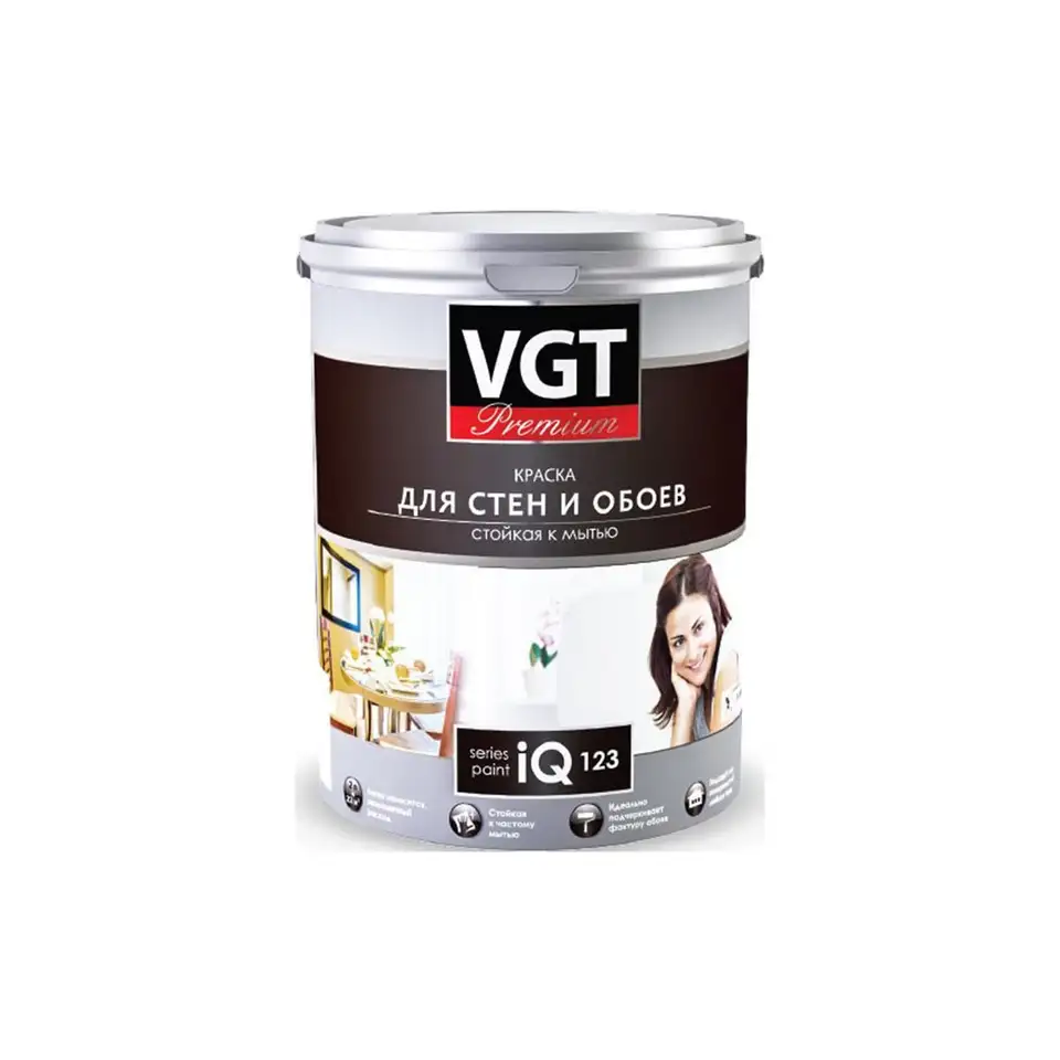 Краска моющаяся для стен и обоев VGT Premium iQ123, база A, белая, 2 л — фото 1