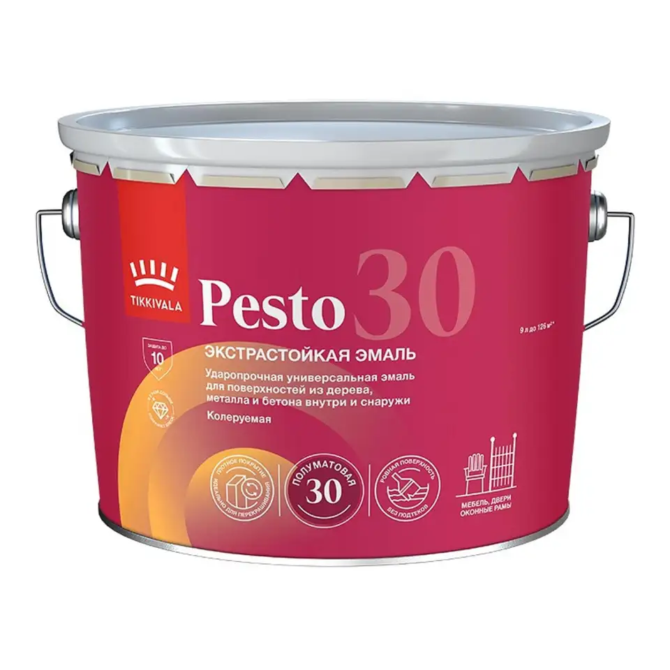 Эмаль алкидная стойкая полуматовая Tikkurila Pesto 30 (Песто 30), 9 л, база С, бесцветная — фото 1 Эмаль алкидная стойкая полуматовая Tikkurila Pesto 30 (Песто 30), 9 л, база С, бесцветная — фото 1