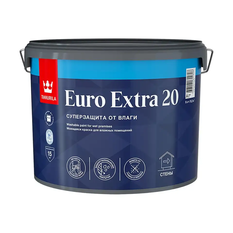 Краска Tikkurila Euro Extra 20 (Евро Экстра 20), 9 л, бесцветный, база С — фото 1 Краска Tikkurila Euro Extra 20 (Евро Экстра 20), 9 л, бесцветный, база С — фото 1