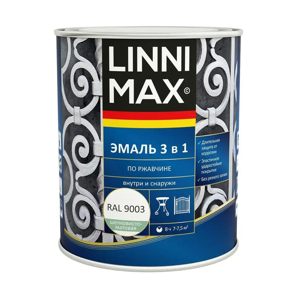 Грунт-эмаль по ржавчине Linnimax 3 в 1, 0,75 л, RAL 9003, белая — фото 1 Грунт-эмаль по ржавчине Linnimax 3 в 1, 0,75 л, RAL 9003, белая — фото 1