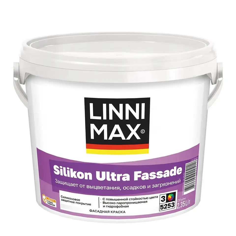 Краска фасадная силиконовая Linnimax Silikon Ultra Fassade, база 3, бесцветная, 2,35 л — фото 1