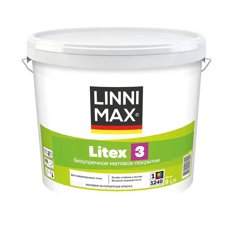Краска интерьерная Linnimax Litex 3, матовая, база 1, белая, 9 л — фото 1