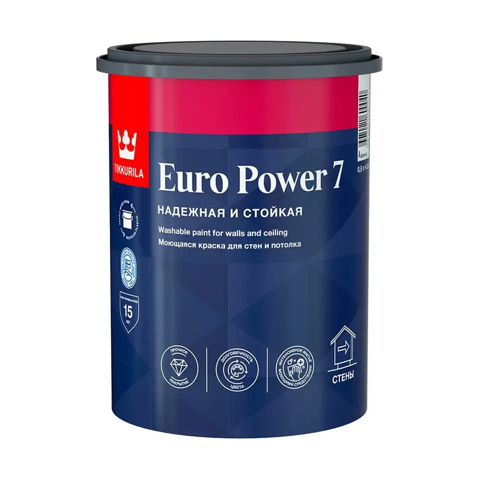 Краска моющаяся для стен и потолков Tikkurila Euro Power 7 (Евро 7), 0,9 л, бесцветный, база С — фото 1 Краска моющаяся для стен и потолков Tikkurila Euro Power 7 (Евро 7), 0,9 л, бесцветный, база С — фото 1