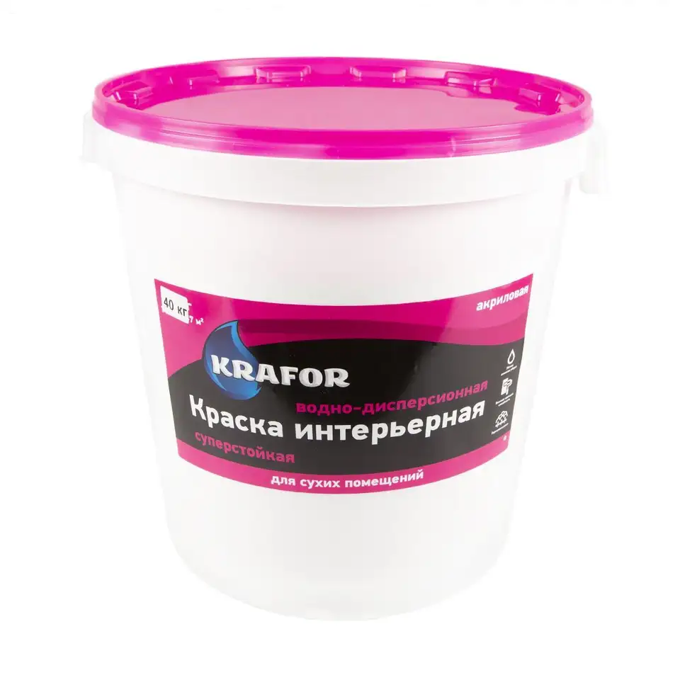 Краска водно-дисперсионная интерьерная суперстойкая Krafor, 40 кг, белая — фото 1