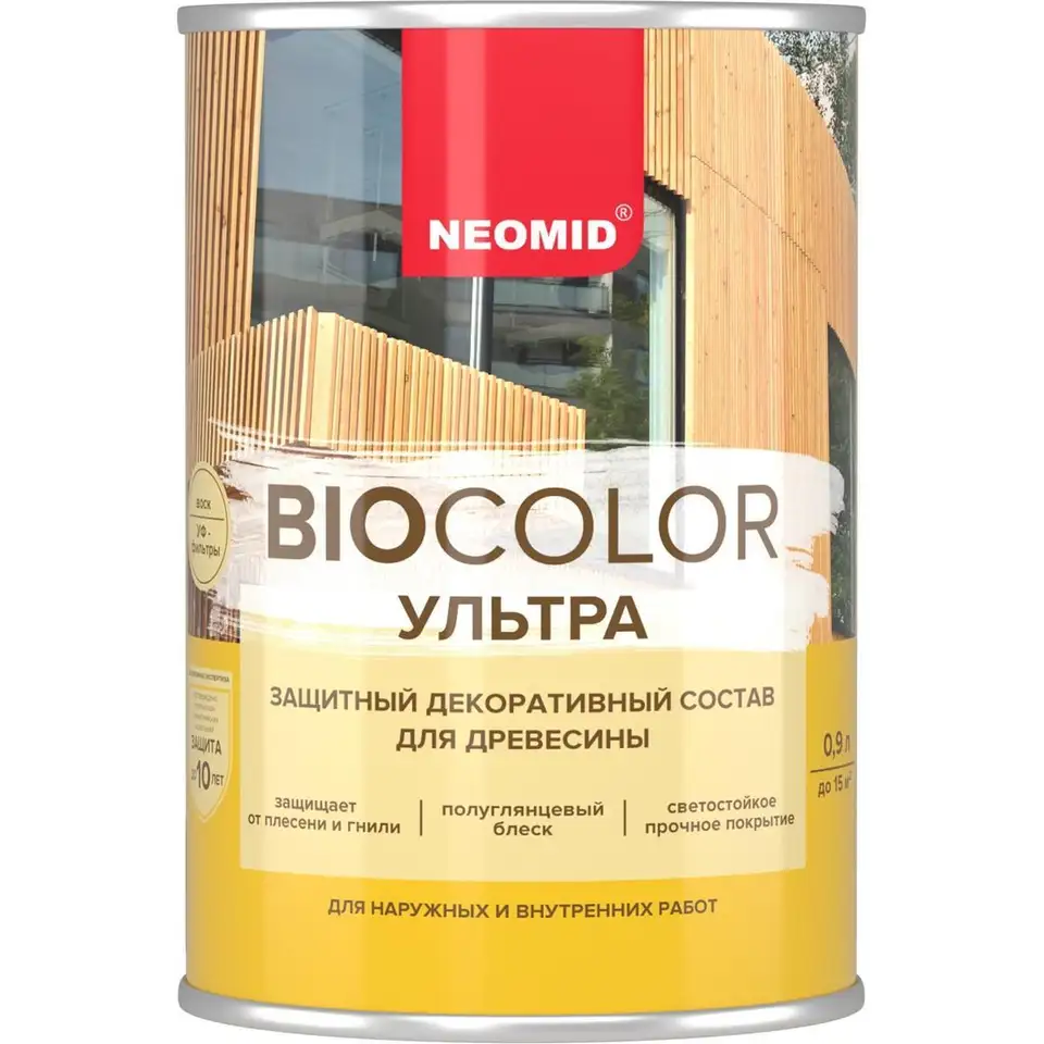 Защитно-декоративная пропитка для дерева Neomid Bio Color Ultra, глянцевая, 0,9 л, бесцветная — фото 1 Защитно-декоративная пропитка для дерева Neomid Bio Color Ultra, глянцевая, 0,9 л, бесцветная — фото 1