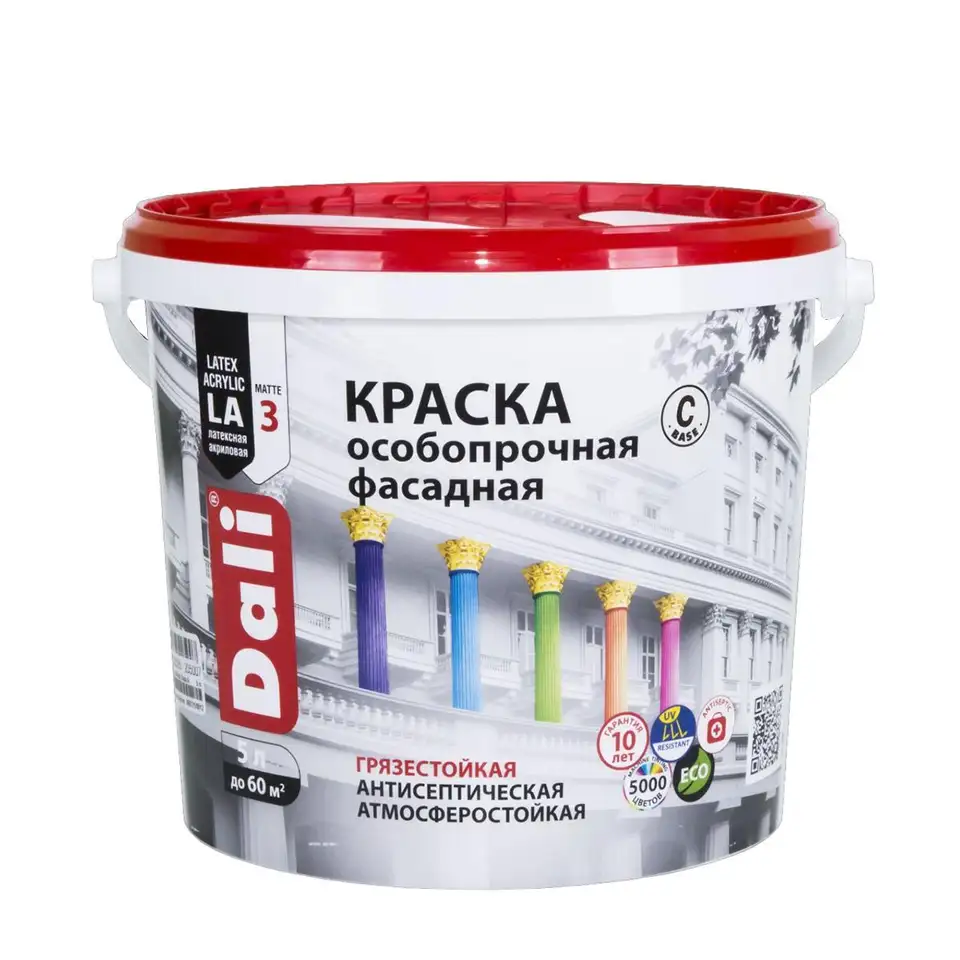 Краска фасадная особопрочная Dali, акриловая, глубокоматовая, база C, бесцветная, 5 л — фото 1 Краска фасадная особопрочная Dali, акриловая, глубокоматовая, база C, бесцветная, 5 л — фото 1