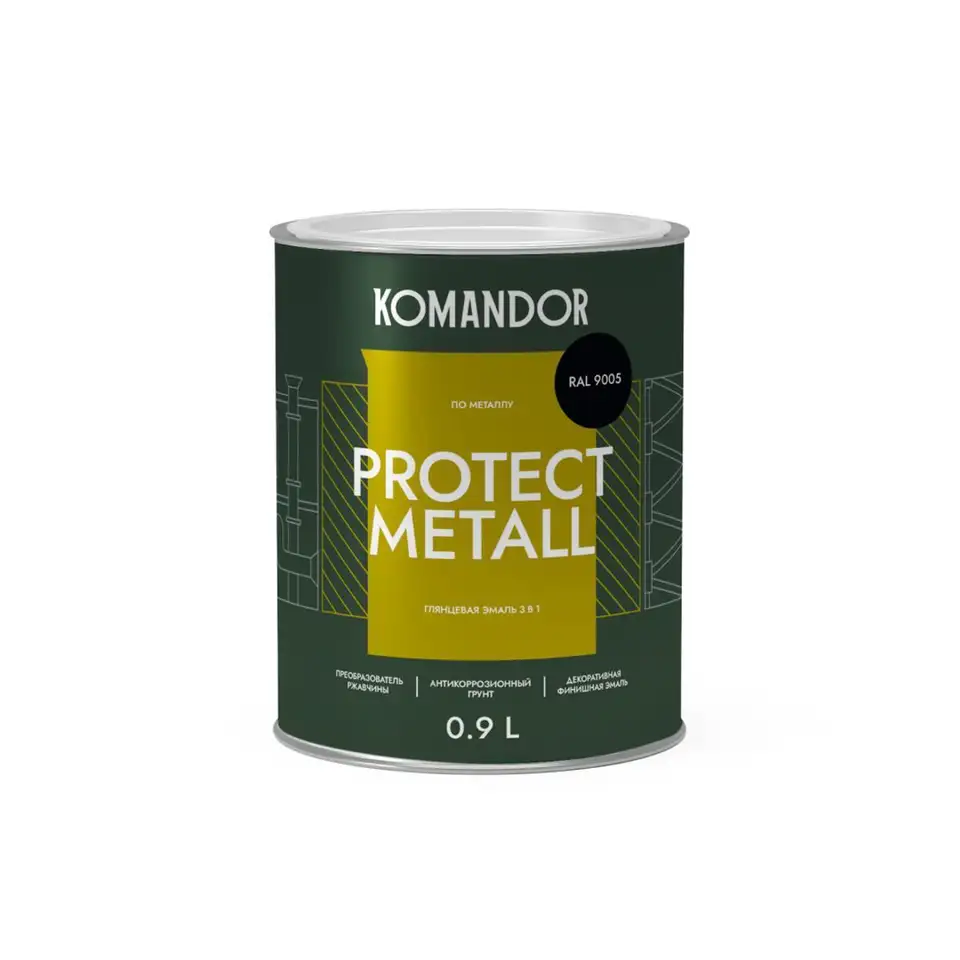 Грунт-эмаль по ржавчине 3 в 1 Komandor Protect Metall, глянцевая, 0,9 л, RAL 9005, черный — фото 1 Грунт-эмаль по ржавчине 3 в 1 Komandor Protect Metall, глянцевая, 0,9 л, RAL 9005, черный — фото 1