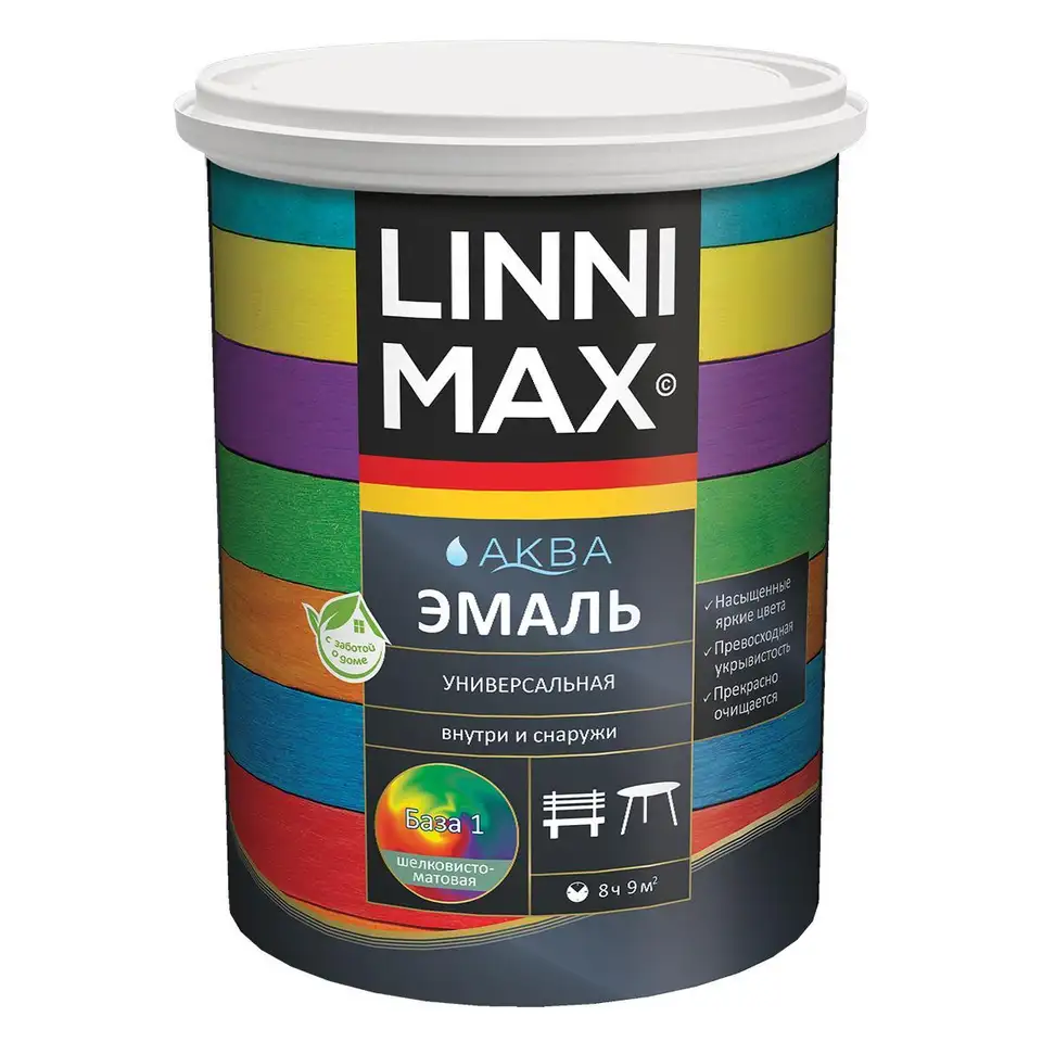 Эмаль универсальная Linnimax Аква, акриловая, шелковисто-матовая, база 1, белая, 0,9 л — фото 1 Эмаль универсальная Linnimax Аква, акриловая, шелковисто-матовая, база 1, белая, 0,9 л — фото 1