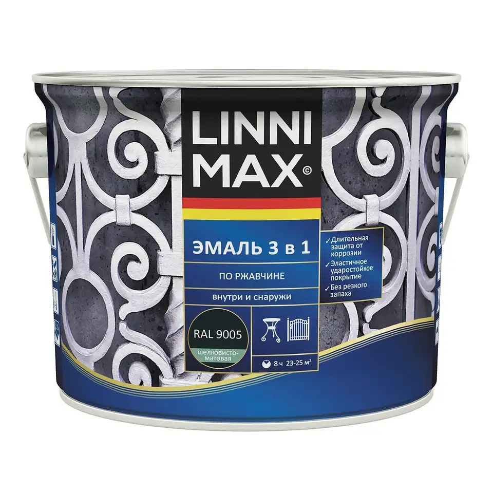 Грунт-эмаль по ржавчине Linnimax 3 в 1, 2,5 л, RAL 9005, черная — фото 1 Грунт-эмаль по ржавчине Linnimax 3 в 1, 2,5 л, RAL 9005, черная — фото 1