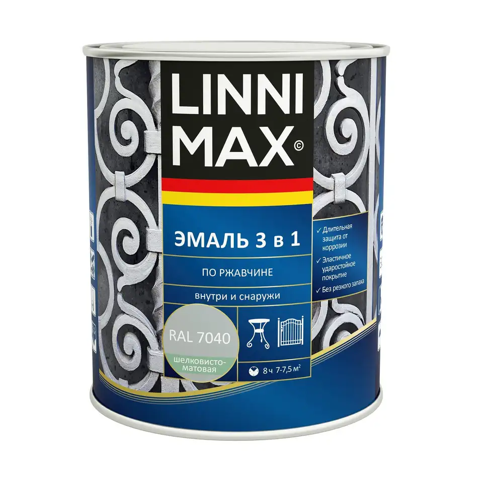 Грунт-эмаль по ржавчине Linnimax 3 в 1, 0,75 л, RAL 7040, серая — фото 1 Грунт-эмаль по ржавчине Linnimax 3 в 1, 0,75 л, RAL 7040, серая — фото 1