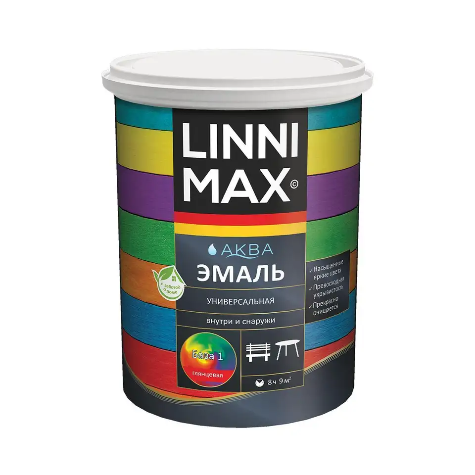 Эмаль универсальная Linnimax Аква, акриловая, глянцевая, база 1, белая, 0,9 л — фото 1 Эмаль универсальная Linnimax Аква, акриловая, глянцевая, база 1, белая, 0,9 л — фото 1
