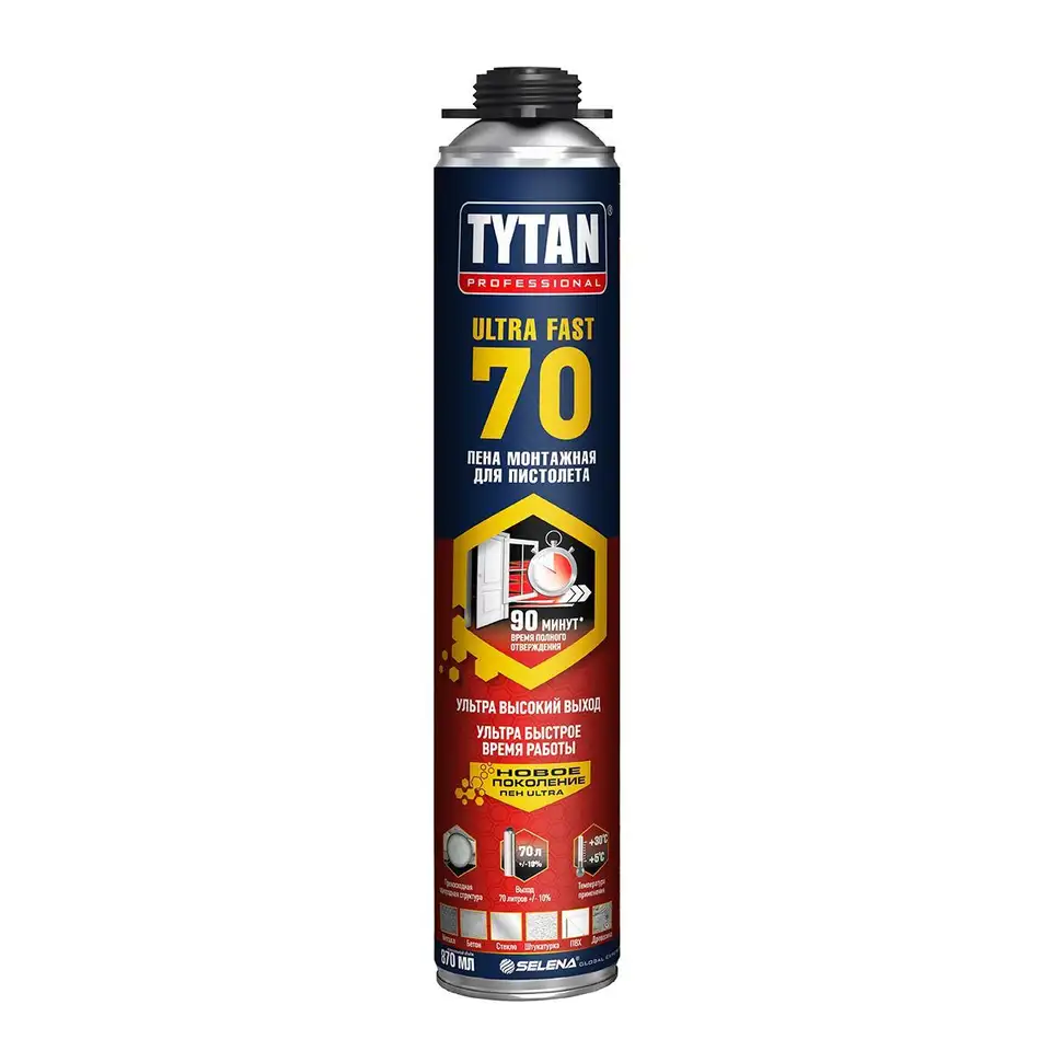 Профессиональная монтажная пена с увеличенным выходом Tytan Professional Ultra Fast 70 16982, 870 мл — фото 1 Профессиональная монтажная пена с увеличенным выходом Tytan Professional Ultra Fast 70 16982, 870 мл — фото 1