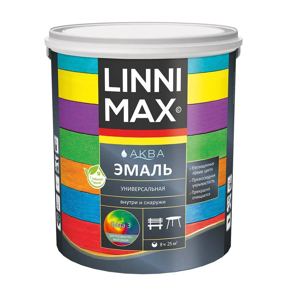 Эмаль алкидная Linnimax, универсальная, шелковисто-матовая, база 3, бесцветная, 2,3 л — фото 1 Эмаль алкидная Linnimax, универсальная, шелковисто-матовая, база 3, бесцветная, 2,3 л — фото 1