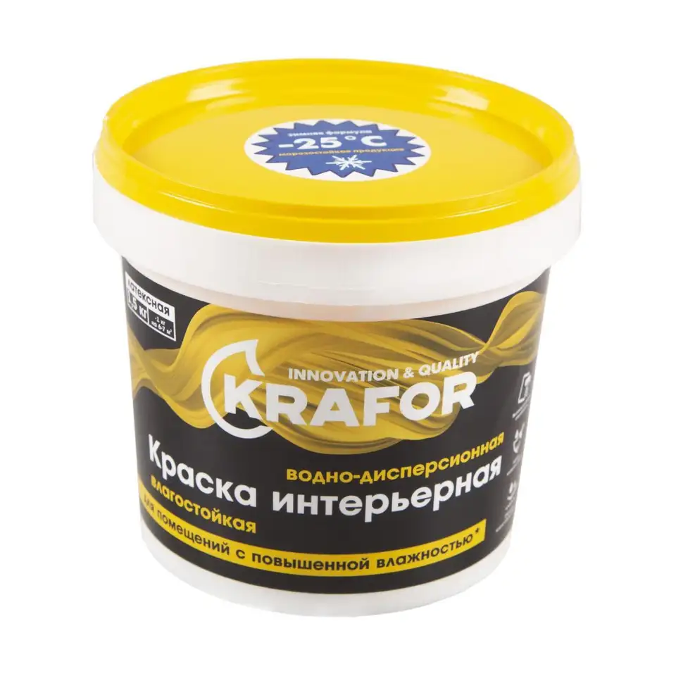 Краска водно-дисперсионная интерьерная влагостойкая Krafor, латексная, 1,5 кг, белая — фото 1 Краска водно-дисперсионная интерьерная влагостойкая Krafor, латексная, 1,5 кг, белая — фото 1