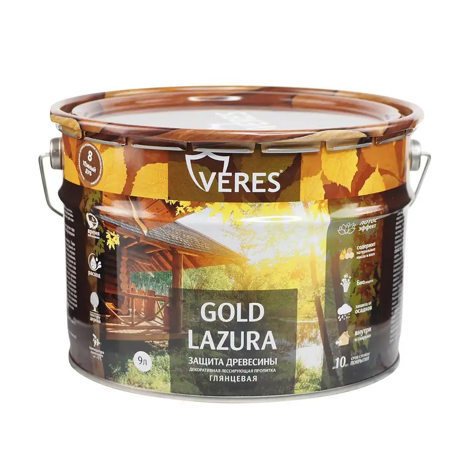 Декоративная пропитка для дерева Верес Gold №8 VG-15, глянцевая, 9 л, дуб темный — фото 1 Декоративная пропитка для дерева Верес Gold №8 VG-15, глянцевая, 9 л, дуб темный — фото 1