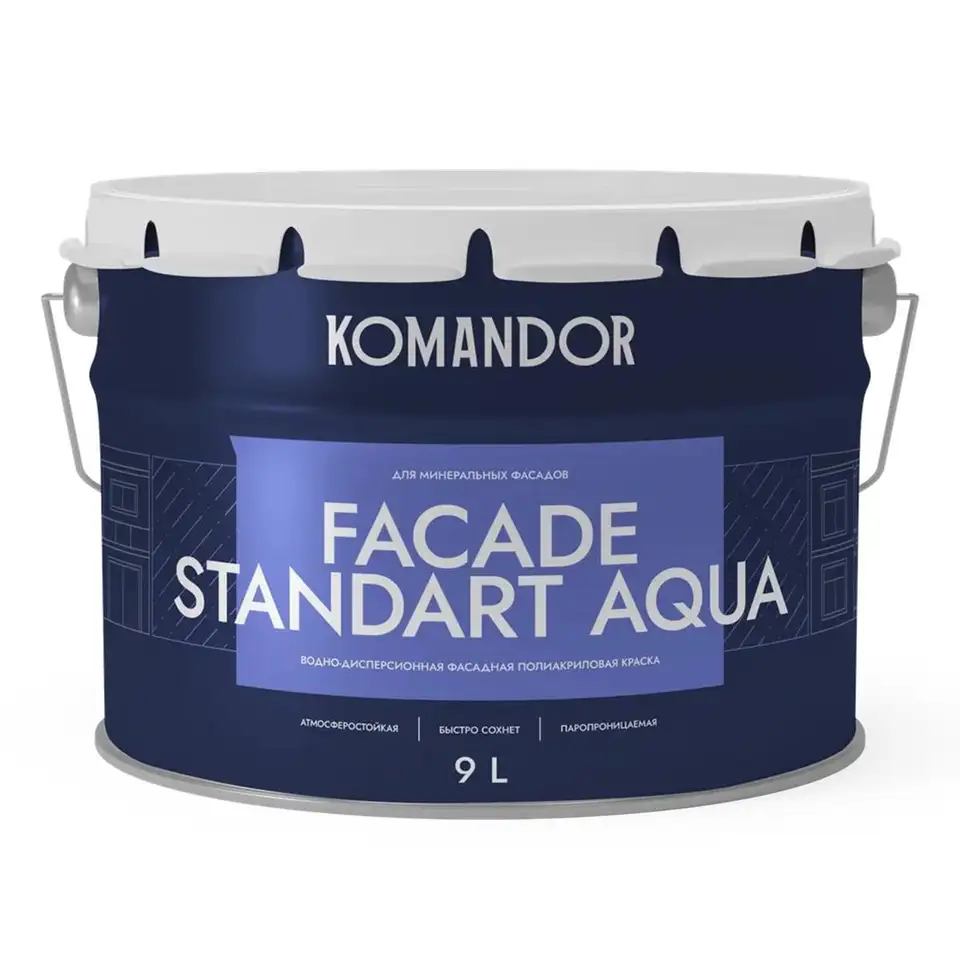 Краска фасадная Komandor Facade Standart Aqua, глубокоматовая, база А, белая, 9 л — фото 1 Краска фасадная Komandor Facade Standart Aqua, глубокоматовая, база А, белая, 9 л — фото 1