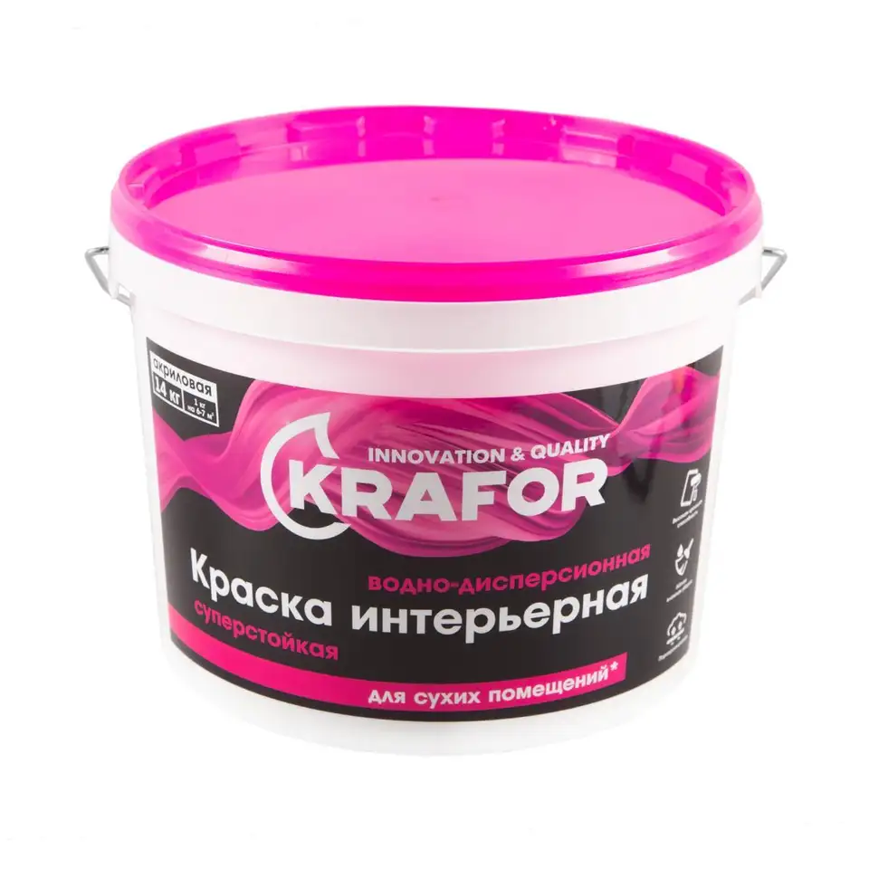 Краска водно-дисперсионная интерьерная суперстойкая Krafor, 14 кг, белая — фото 1