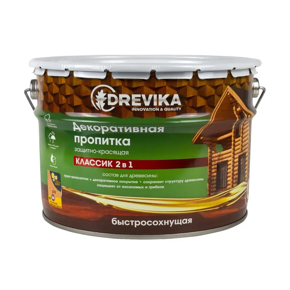Декоративная пропитка для дерева Drevika Классик 2 в 1, полуматовая, 9 л, дуб — фото 1