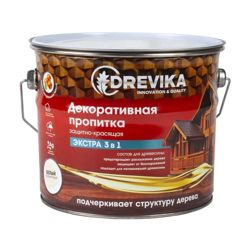 Декоративная пропитка для дерева Drevika Экстра 3 в 1, полуматовая, 3 л, белая — фото 1 Декоративная пропитка для дерева Drevika Экстра 3 в 1, полуматовая, 3 л, белая — фото 1