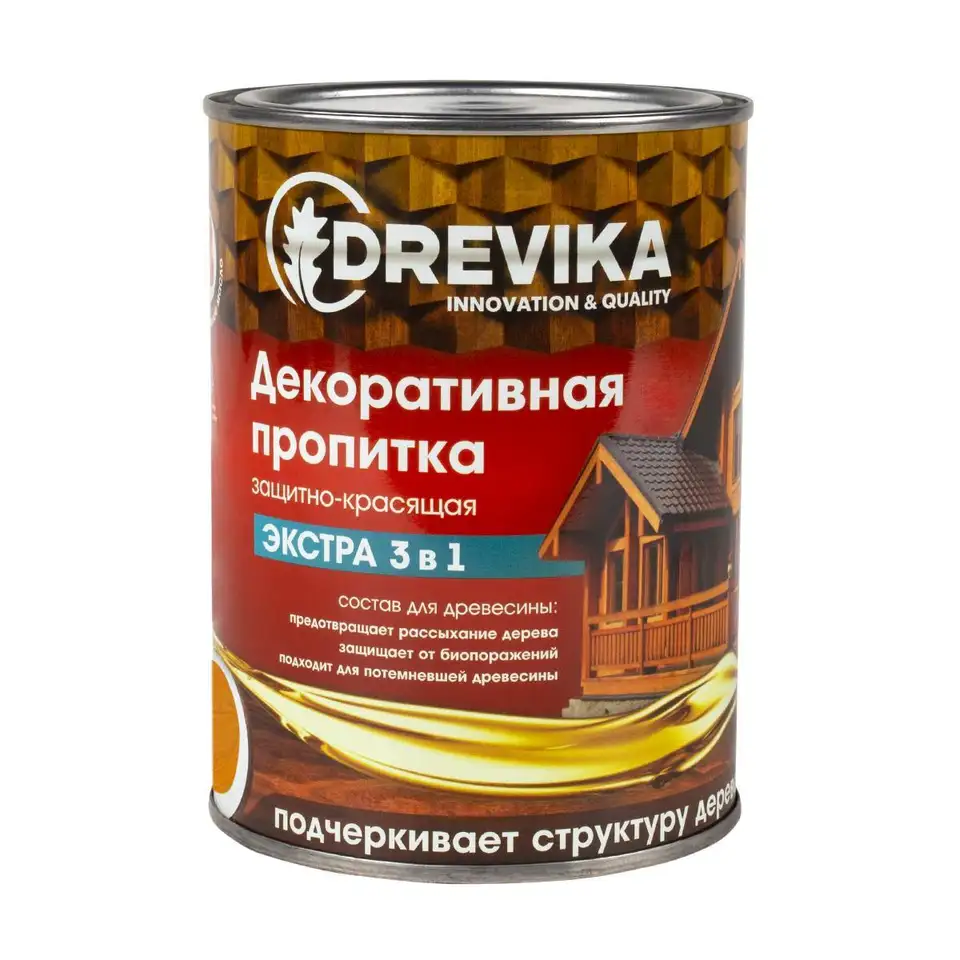 Декоративная пропитка для дерева Drevika Экстра 3 в 1, полуматовая, 0,8 л, калужница — фото 1