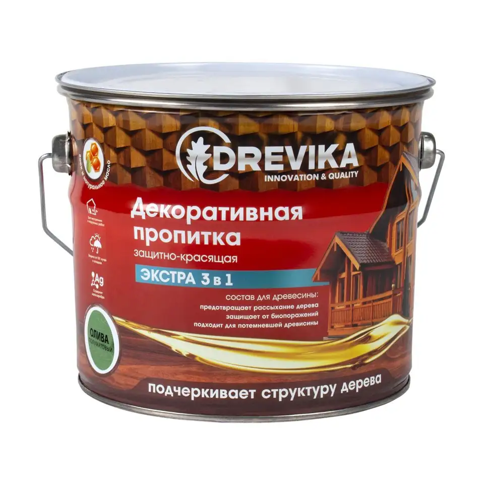 Декоративная пропитка для дерева Drevika Экстра 3 в 1, полуматовая, 3 л, олива — фото 1