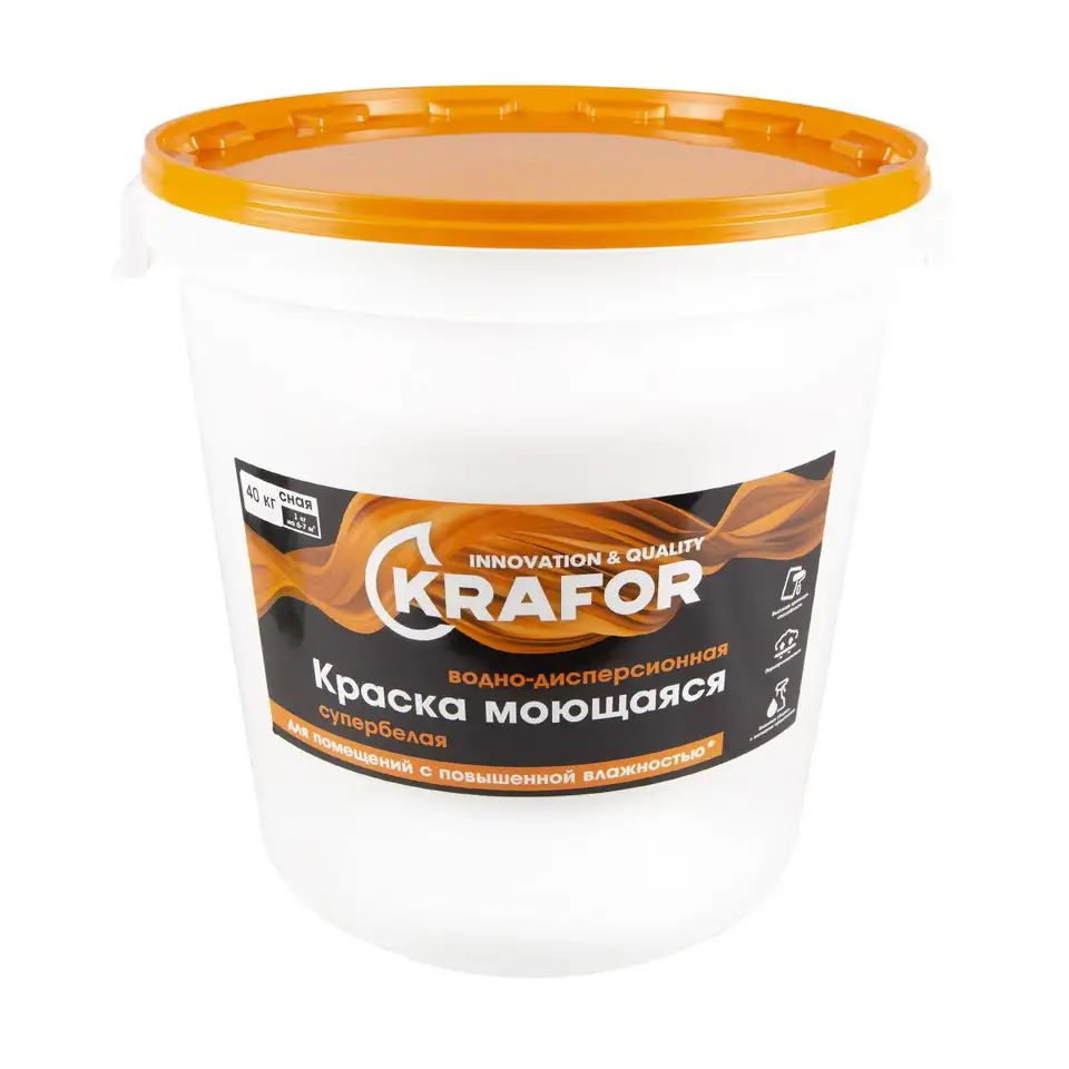 Краска водно-дисперсионная интерьерная моющаяся Krafor, латексная, 40 кг, супербелая — фото 1 Краска водно-дисперсионная интерьерная моющаяся Krafor, латексная, 40 кг, супербелая — фото 1