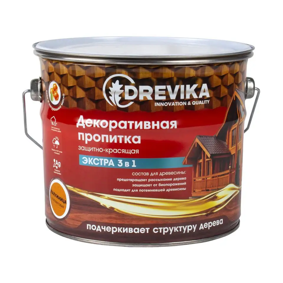 Декоративная пропитка для дерева Drevika Экстра 3 в 1, полуматовая, 3 л, калужница — фото 1