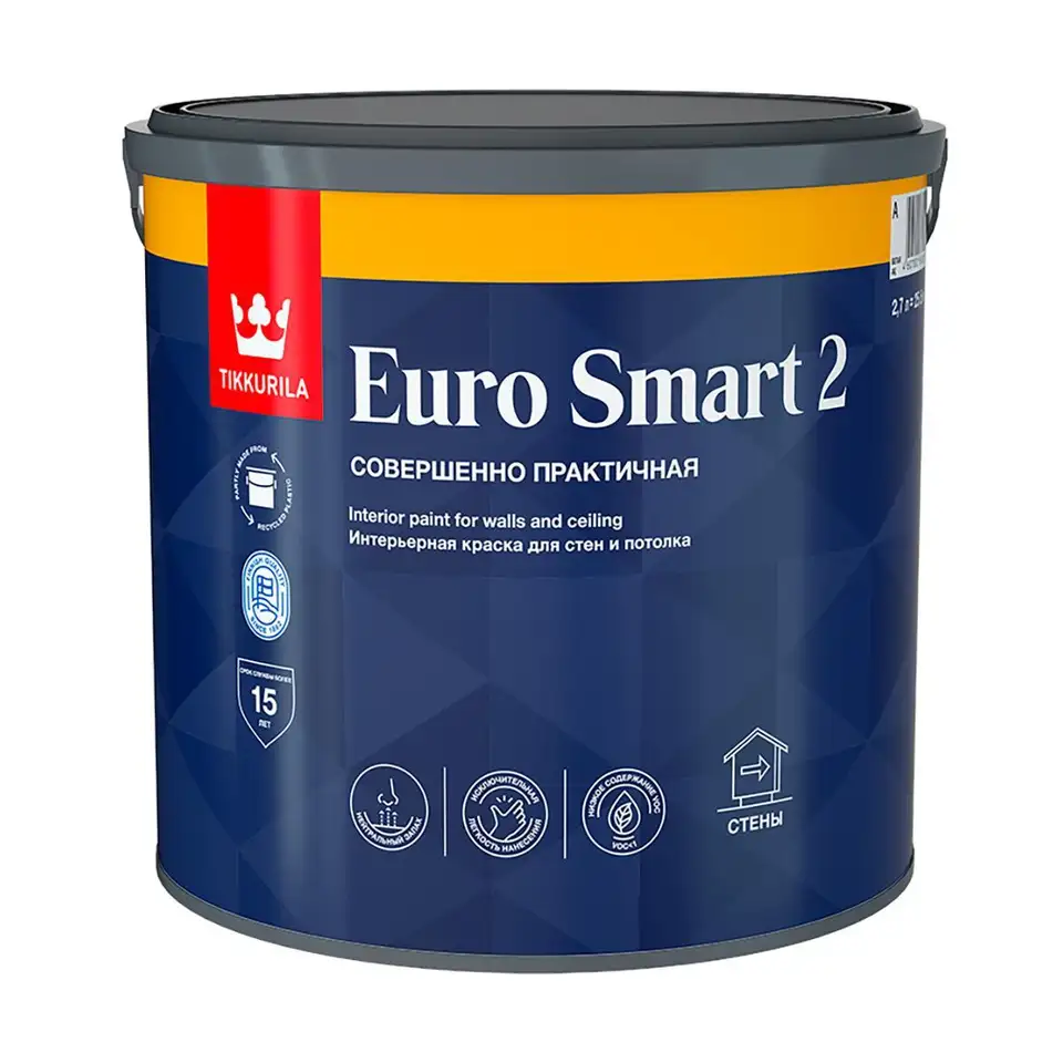 Краска моющаяся для стен и потолков Tikkurila Euro Smart 2 (Евро Смарт 2), 2,7 л, белый, база А — фото 1