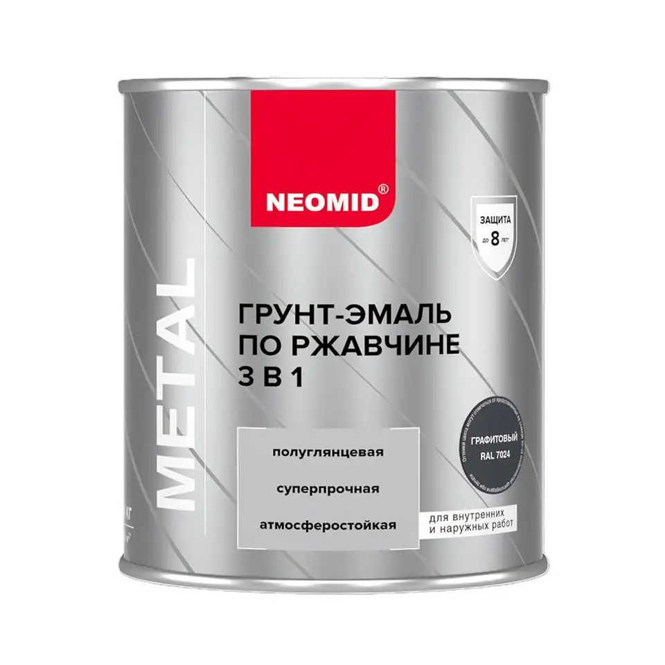 Грунт-эмаль по ржавчине 3 в 1 Neomid, полуглянцевая, 0,9 кг, RAL 7024, графит — фото 1