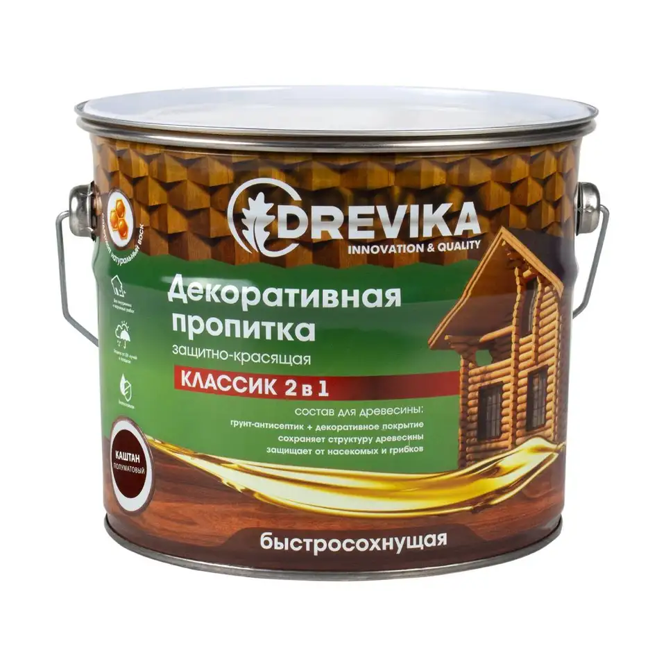 Декоративная пропитка для дерева Drevika Классик 2 в 1, полуматовая, 2,7 л, каштан — фото 1 Декоративная пропитка для дерева Drevika Классик 2 в 1, полуматовая, 2,7 л, каштан — фото 1