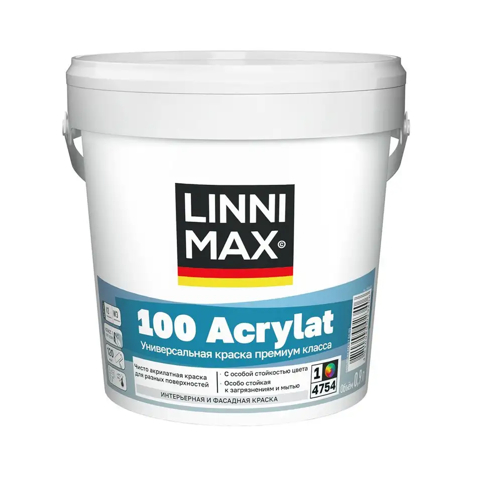 Краска фасадная Linnimax 100 Acrylat, полуматовая, база 1, белая, 0,9 л — фото 1 Краска фасадная Linnimax 100 Acrylat, полуматовая, база 1, белая, 0,9 л — фото 1