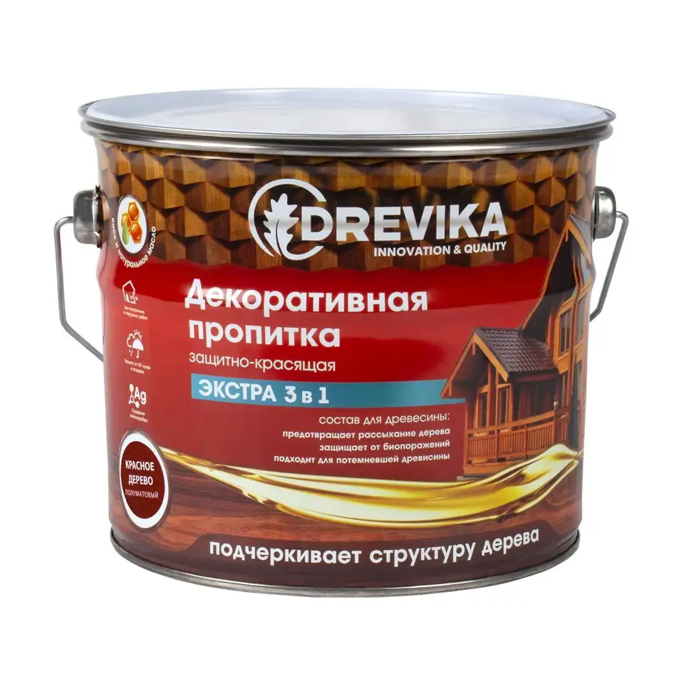 Декоративная пропитка для дерева Drevika Экстра 3 в 1, полуматовая, 3 л, красное дерево — фото 1