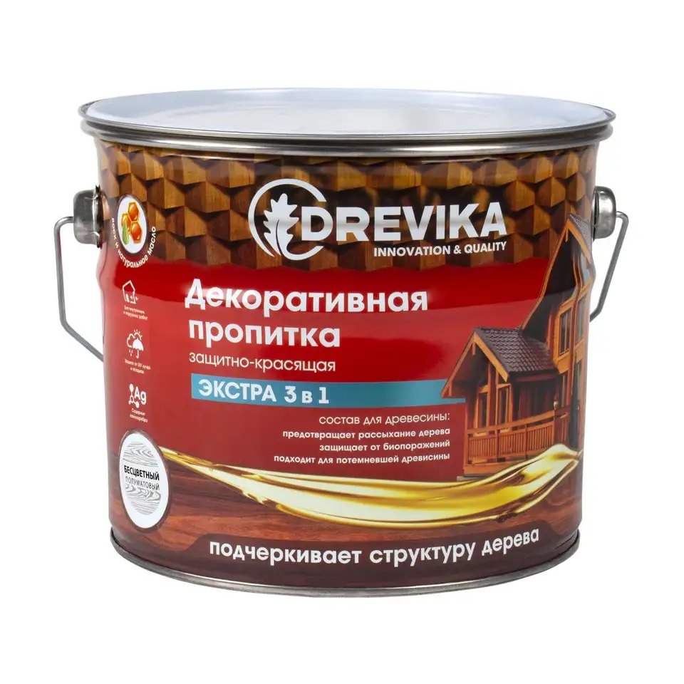 Декоративная пропитка для дерева Drevika Экстра 3 в 1, полуматовая, 3 л, бесцветная — фото 1