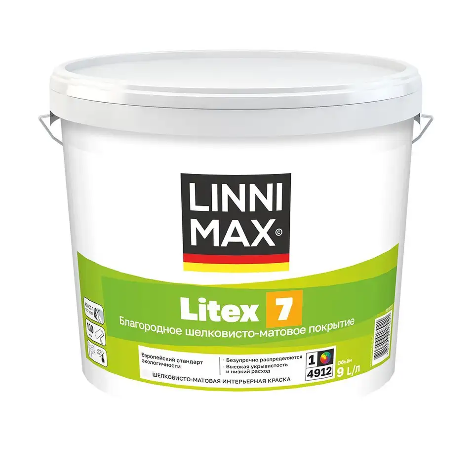 Краска интерьерная Linnimax Litex 7, шелковисто-матовая, база 1, белая, 9 л — фото 1