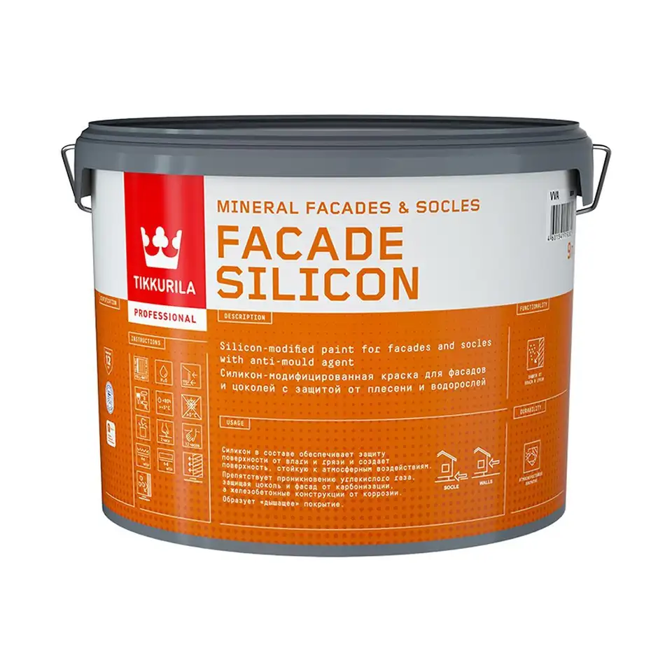 Краска для фасадов и цоколей Tikkurila Facade Silicon (Фасад Силикон), 9 л, белый, база А — фото 1 Краска для фасадов и цоколей Tikkurila Facade Silicon (Фасад Силикон), 9 л, белый, база А — фото 1