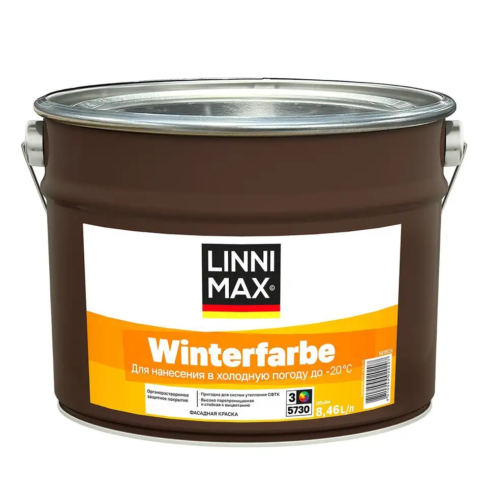 Краска фасадная Linnimax Winterfarbe, база 3, бесцветная, 8,46 л — фото 1 Краска фасадная Linnimax Winterfarbe, база 3, бесцветная, 8,46 л — фото 1