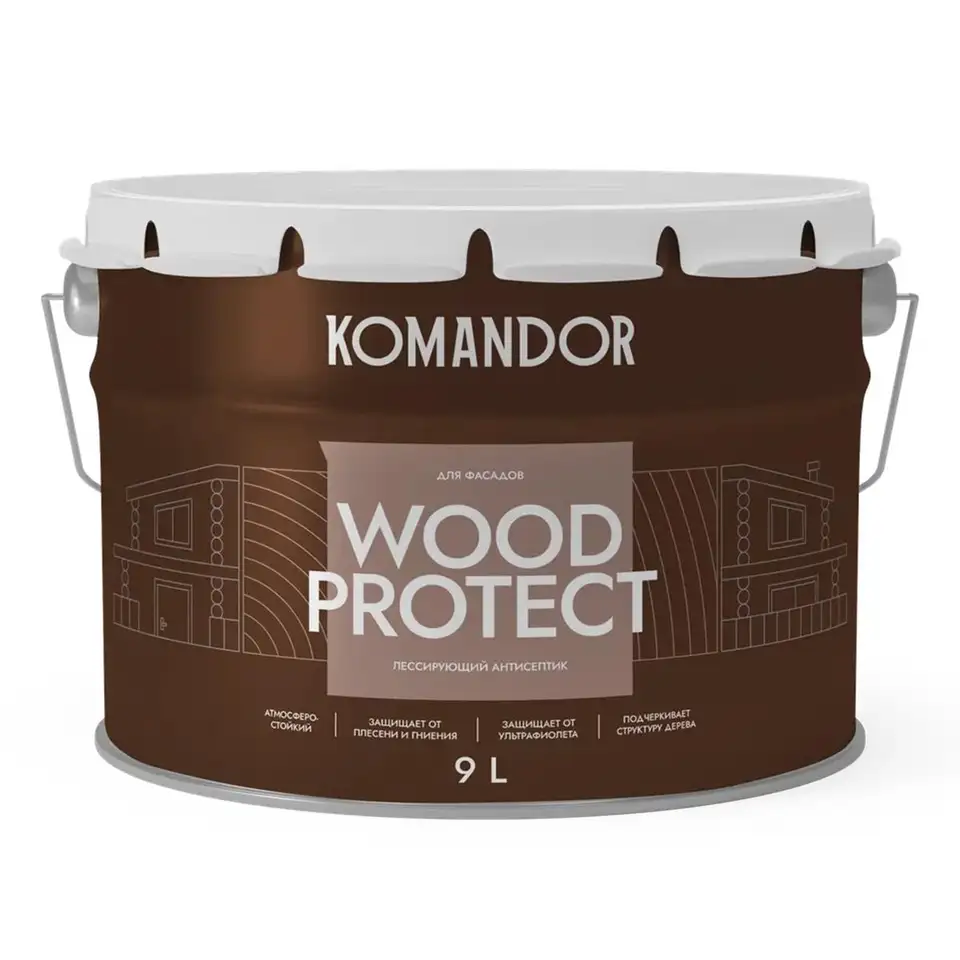 Антисептик для дерева Komandor Wood Protect, лессирующий, база С, бесцветный, 9 л — фото 1