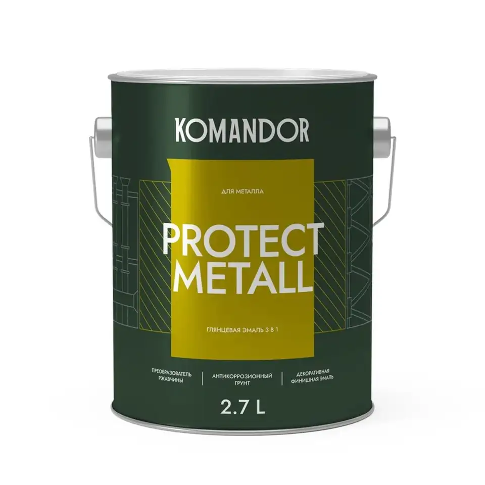 Грунт-эмаль по ржавчине 3 в 1 Komandor Protect Metall, глянцевая, база А, белая, 2,7 л — фото 1