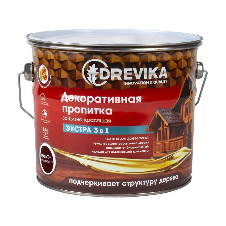 Декоративная пропитка для дерева Drevika Экстра 3 в 1, полуматовая, 3 л, махагон — фото 1