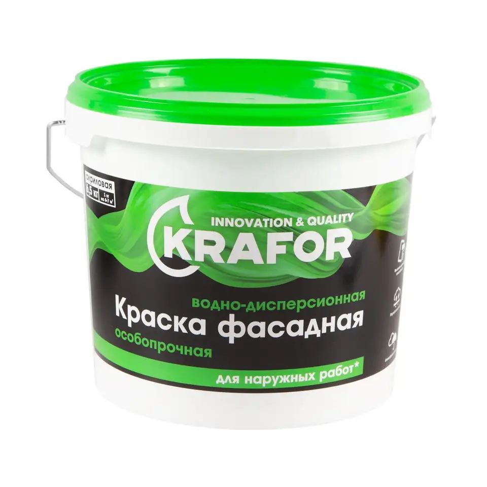 Краска водно-дисперсионная фасадная особопрочная Krafor, 6,5 кг, белая — фото 1 Краска водно-дисперсионная фасадная особопрочная Krafor, 6,5 кг, белая — фото 1